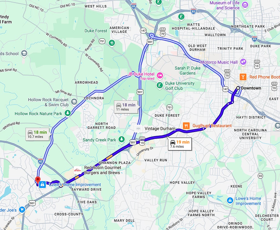 Travel time to Downtown Durham