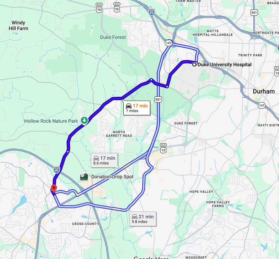 Travel time to Duke University Hospitals
