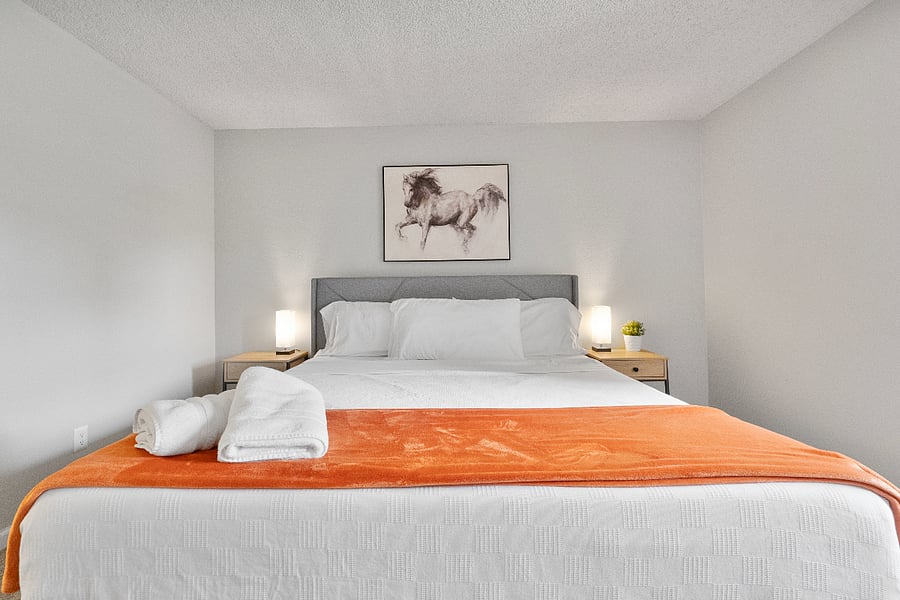 Stylish decor and bedding for restful nights.
