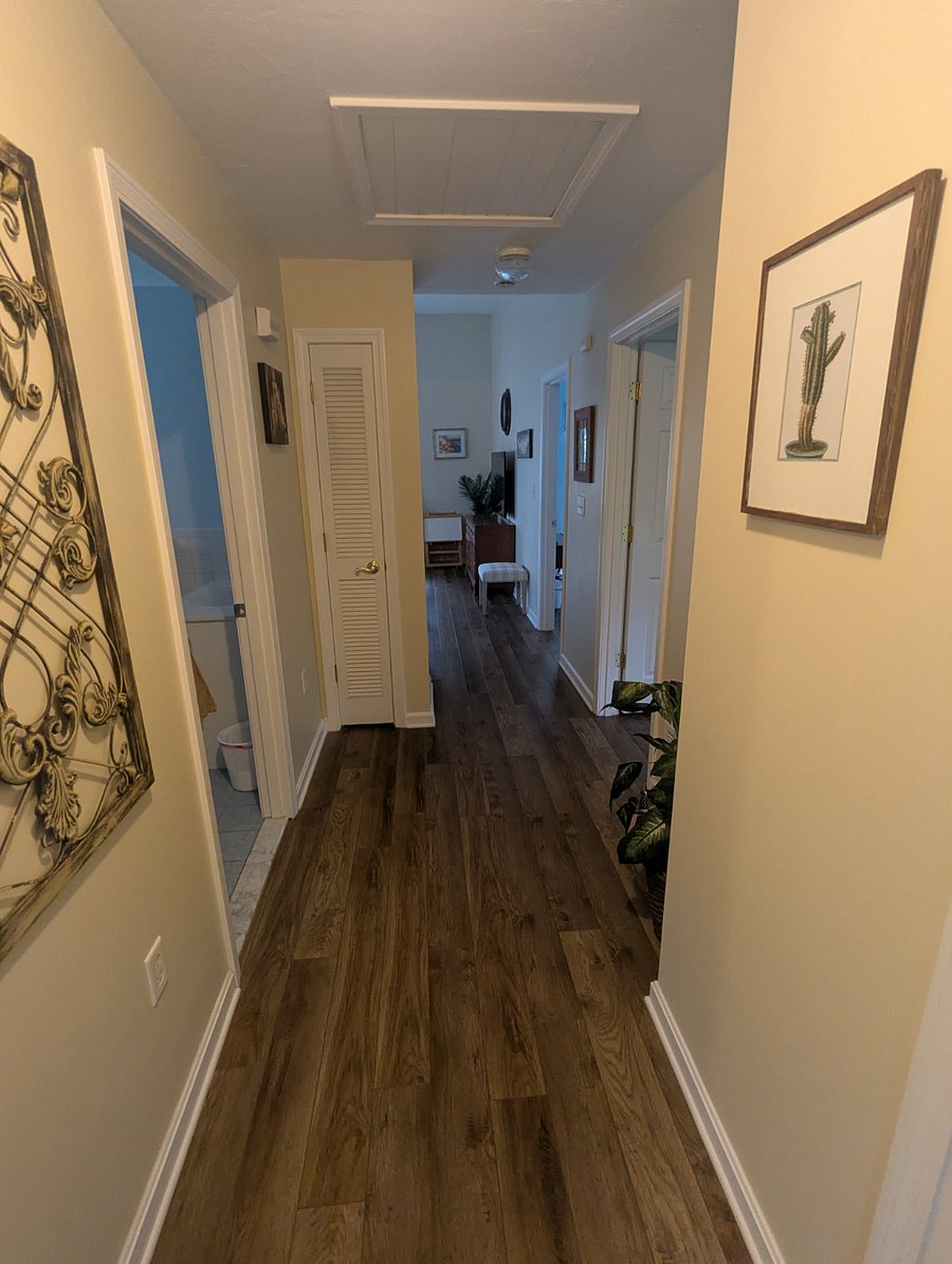 From front door, bath on left 2nd bedroom and master on right, living/kitchen straight, Linen closet