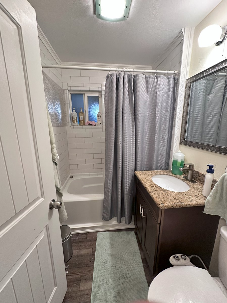 Bathroom with temp controlled heater, tub, shower, bidet and medicine cabinet.