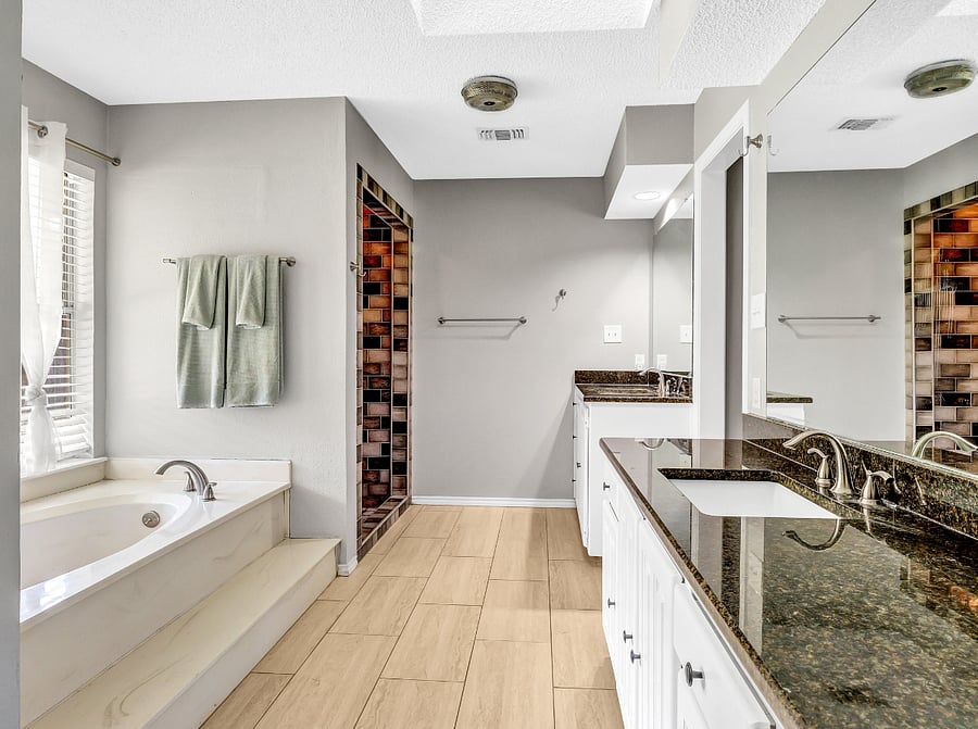 Master bath, shower, 2 vanities, 2 sinks 