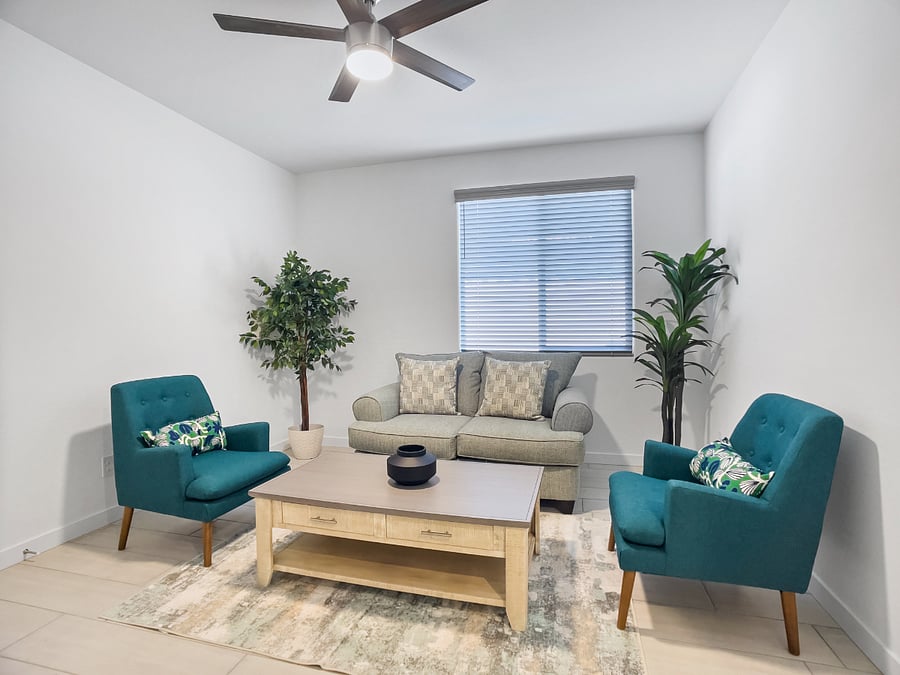 Junior suite with a living room, dedicated workspace, ergonomic chair, attached bedroom, private bathroom, a new king-size bed with memory foam mattress, two nightstands with lamps, and a storage closet. Ceiling fan in the living room and bedroom.

