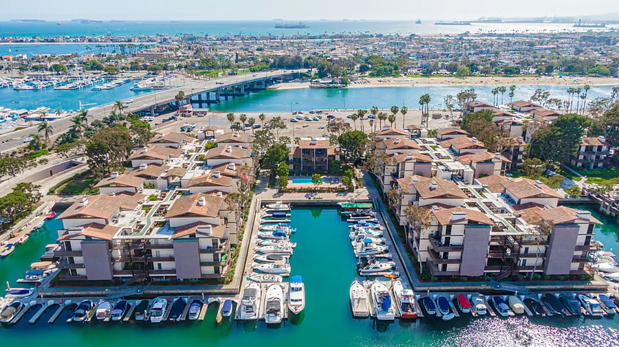 Overhead shot of the Marina Pacifica community. Waterfront beauty.