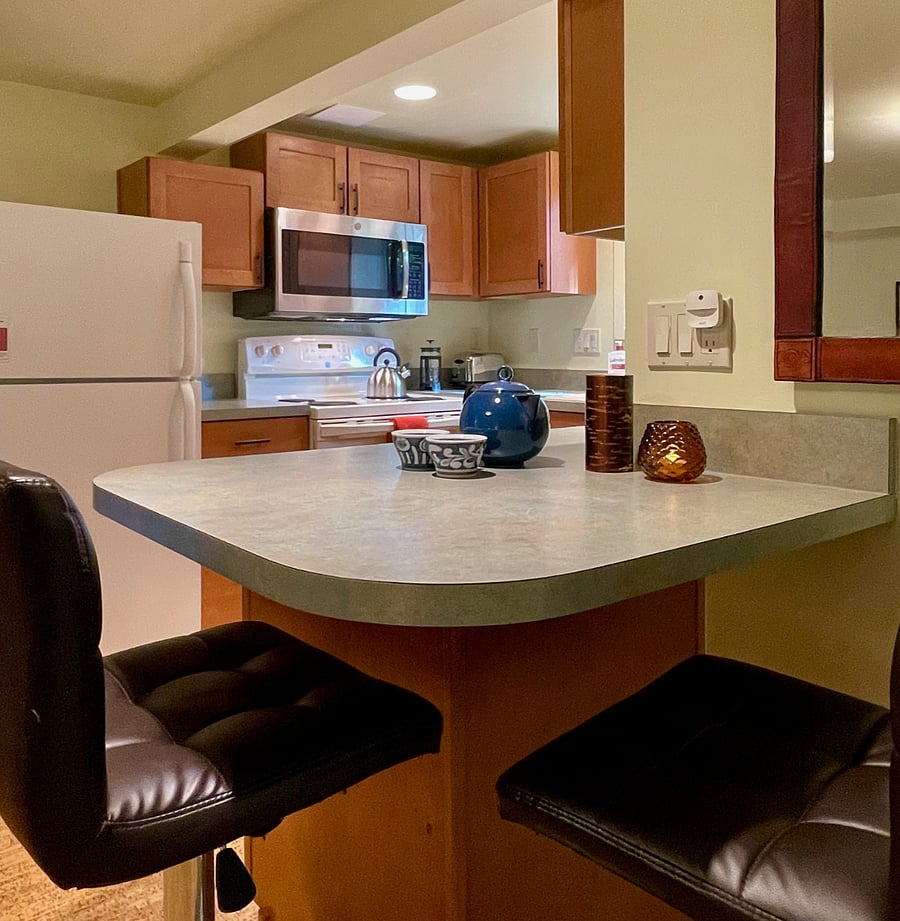 Tea pot, french press, coffee maker, toaster and more are provided.