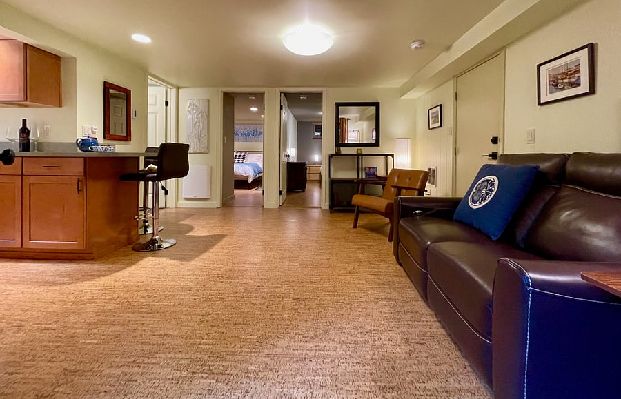 Cork floors warm and easy on the feet! (No shoes please)