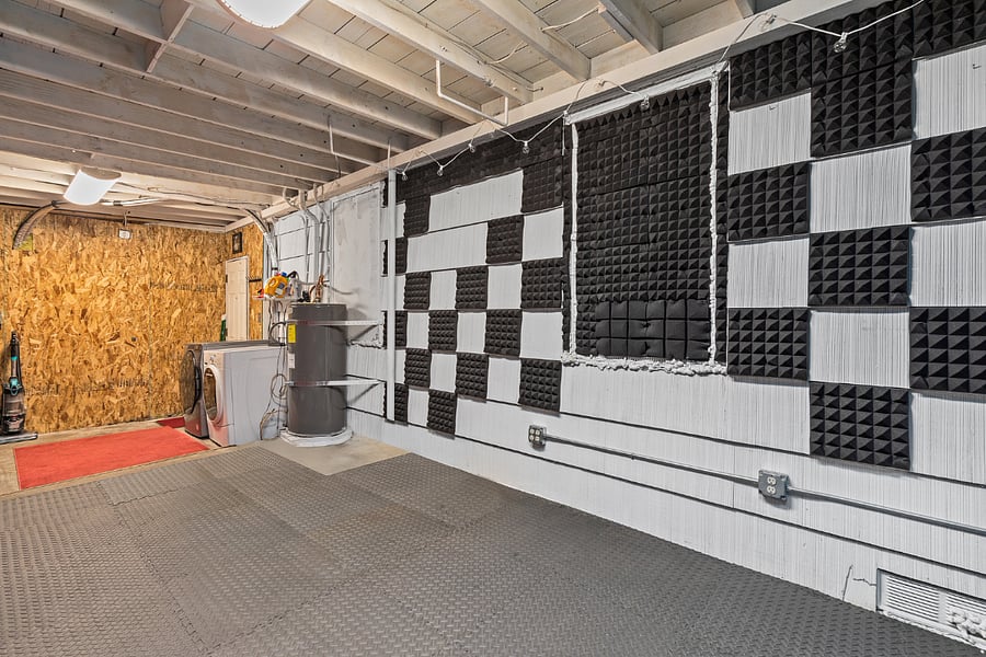 Heated and Insulated Garage/Studio with storage, room for home gym and laundry