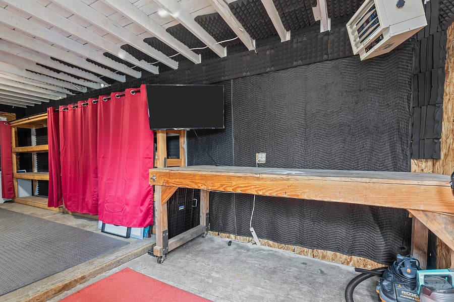 Heated and Insulated Garage/Studio with storage, room for home gym and laundry 