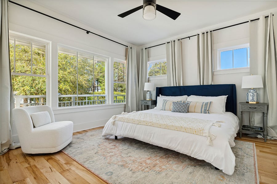 first story primary suite, king sized bed