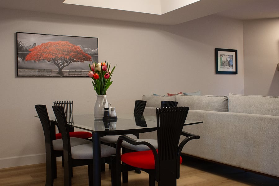 Spacious dining for six in a contemporary setting.
