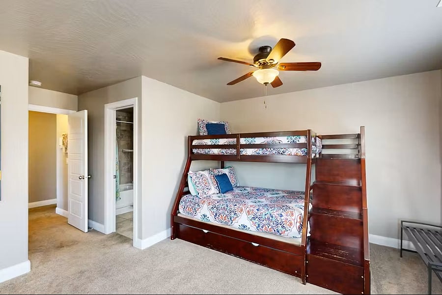 Bedroom #1 featuring 2 Queens and bunk bed (twin over full, with additional twin pull out.)