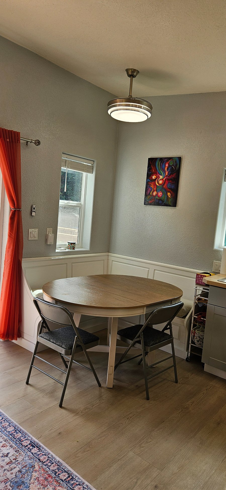 Cozy corner table with storage under benches