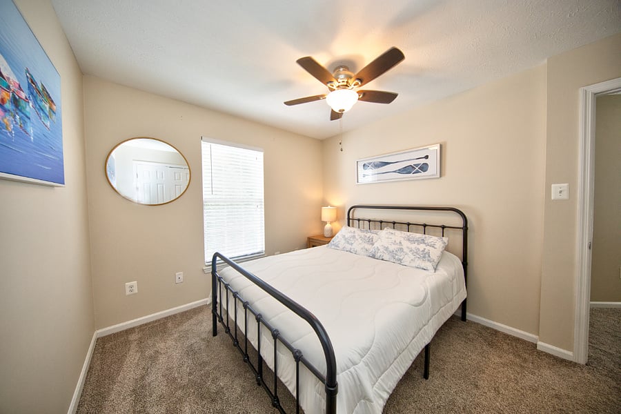 Upstairs Queen bedroom steps away from hallway bathroom.