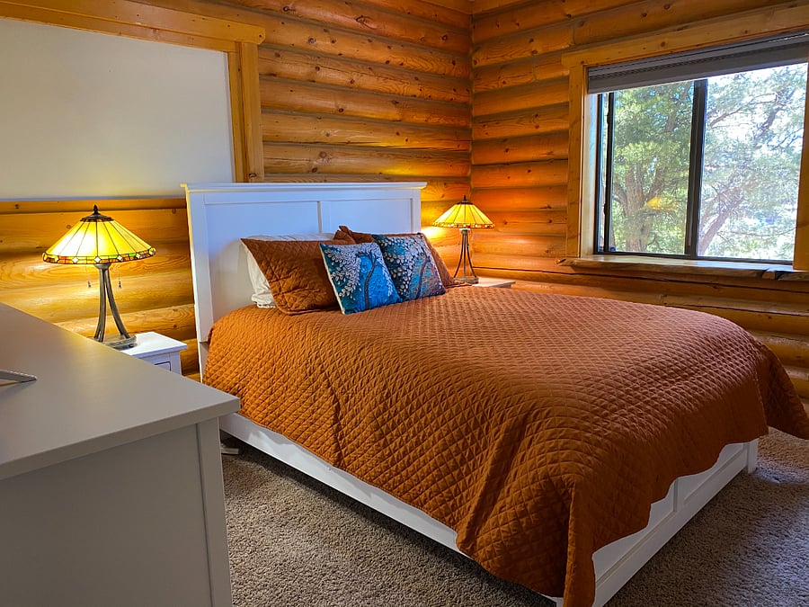 Bedroom 2 on the first floor has a queen bed and a TV. The window looks into the back yard.