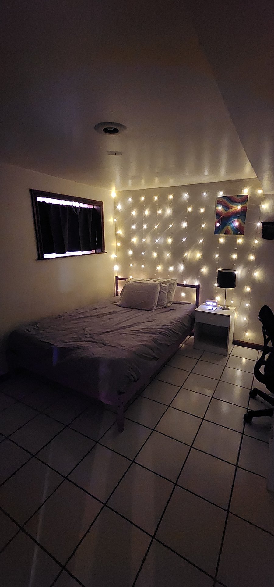 Second bedroom with Full-sized bed, cool nightlights, desk, nightstand, dresser and small closet