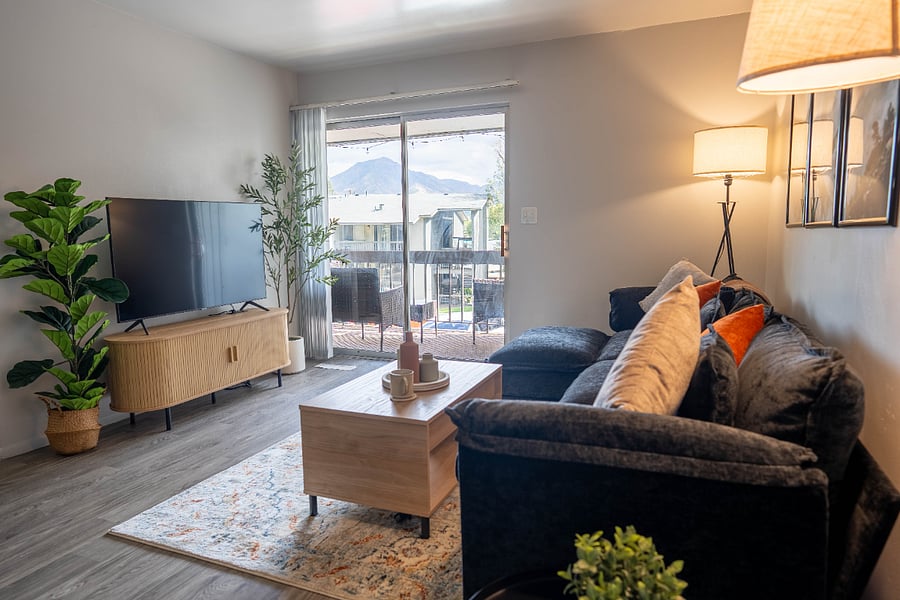 Living room with spacious sectional and 55" Smart TV.