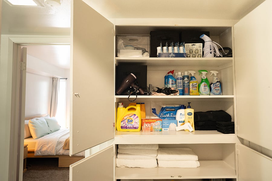 Storage with starter kits for cleaning and laundry!