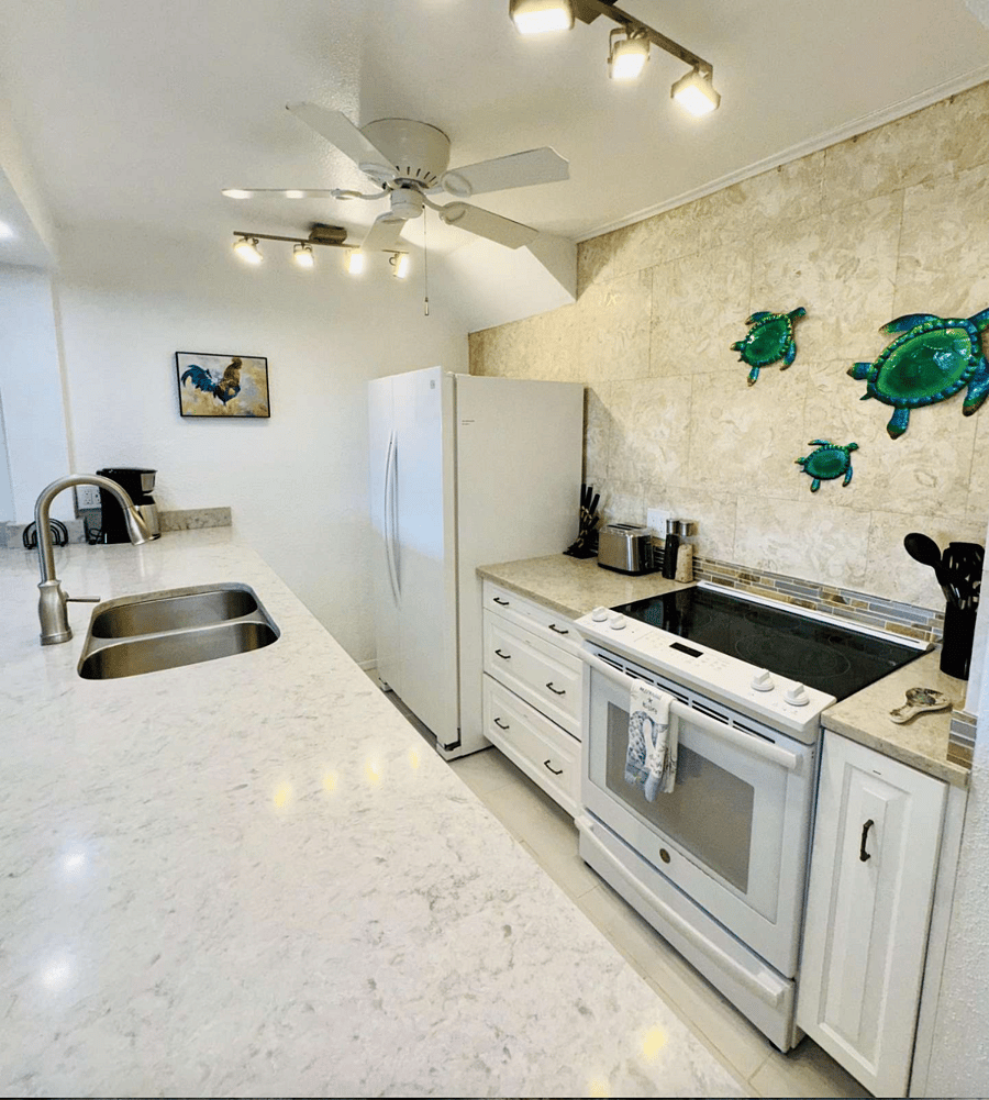 Kitchen with all the amenities of home including a brand new dishwasher.  The condo has instant on hot water in the entire unit as well.  