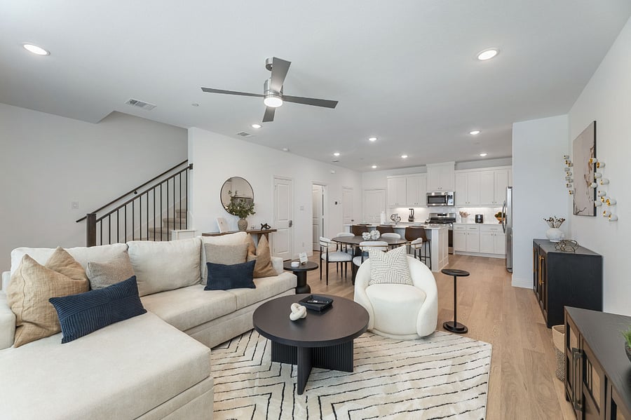 Comfortable and luxurious living room with 65" HGTV and Queen Sleeper sectional with memory foam mattress.
