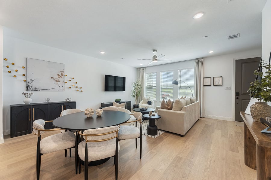 Bright and stylish breakfast area with seating for five.
