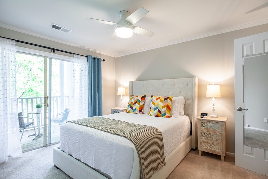 Sliding glass doors provide lots of natural light, but there are blackout curtains for a good night's rest.