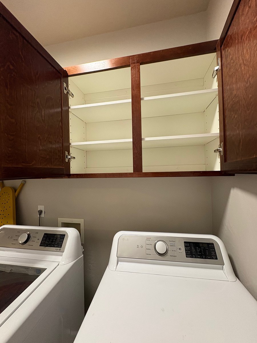 I supply the laundry sheets and I clean the washer and dryer after every use! You may use the open Cubbard for your stuff whatever you want! 