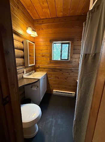 Bathroom includes toilet, sink, shower with removable head, electric baseboard heater. Storage. Towels.