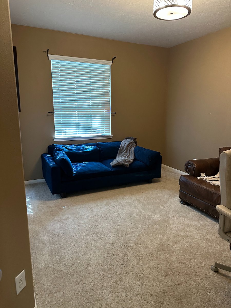 Media Study features lots of space, a Comfy Couch and Chair, plus TV, Office set up as shown