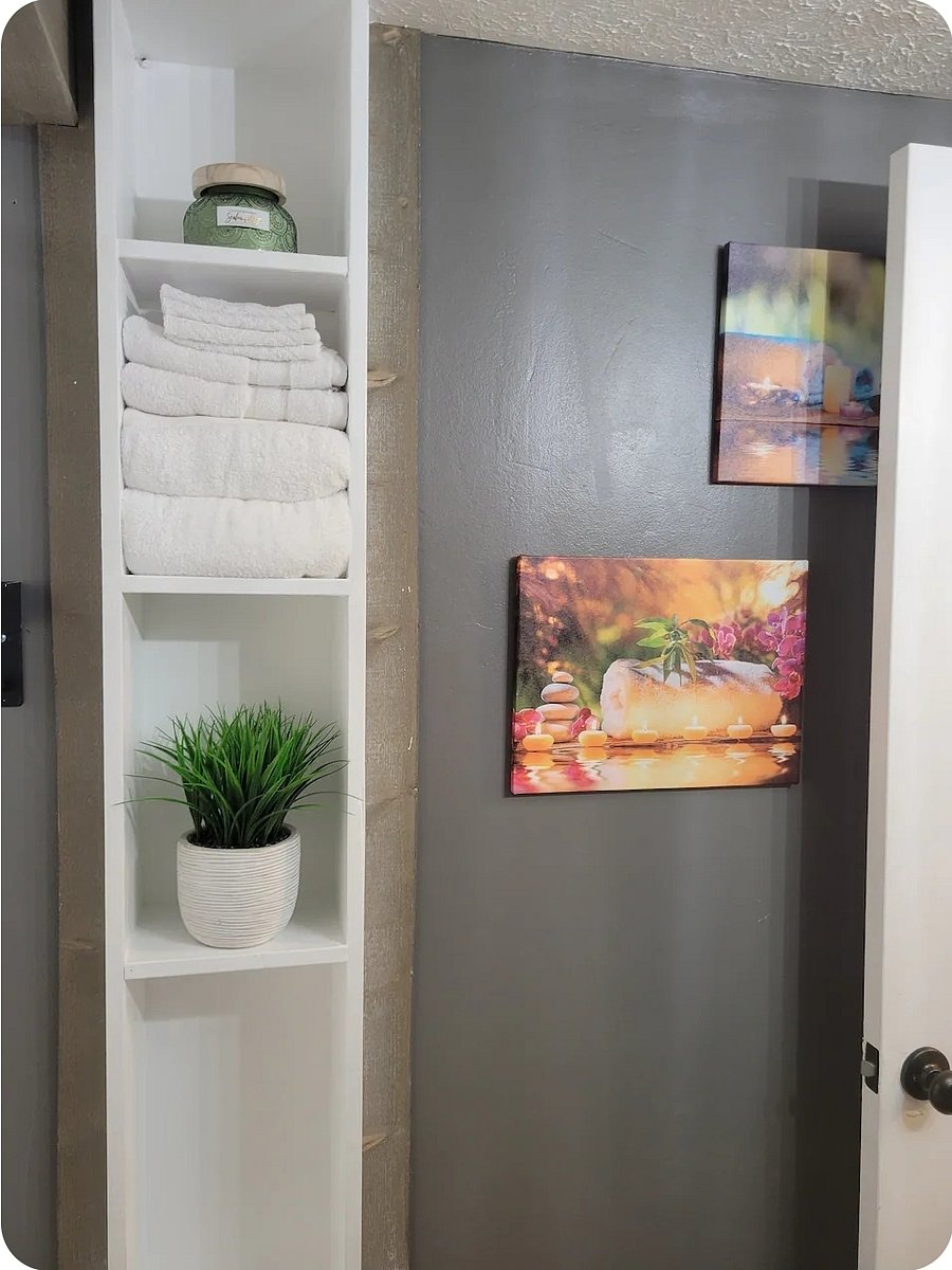 Convienient shelving for toiletries and personal items.