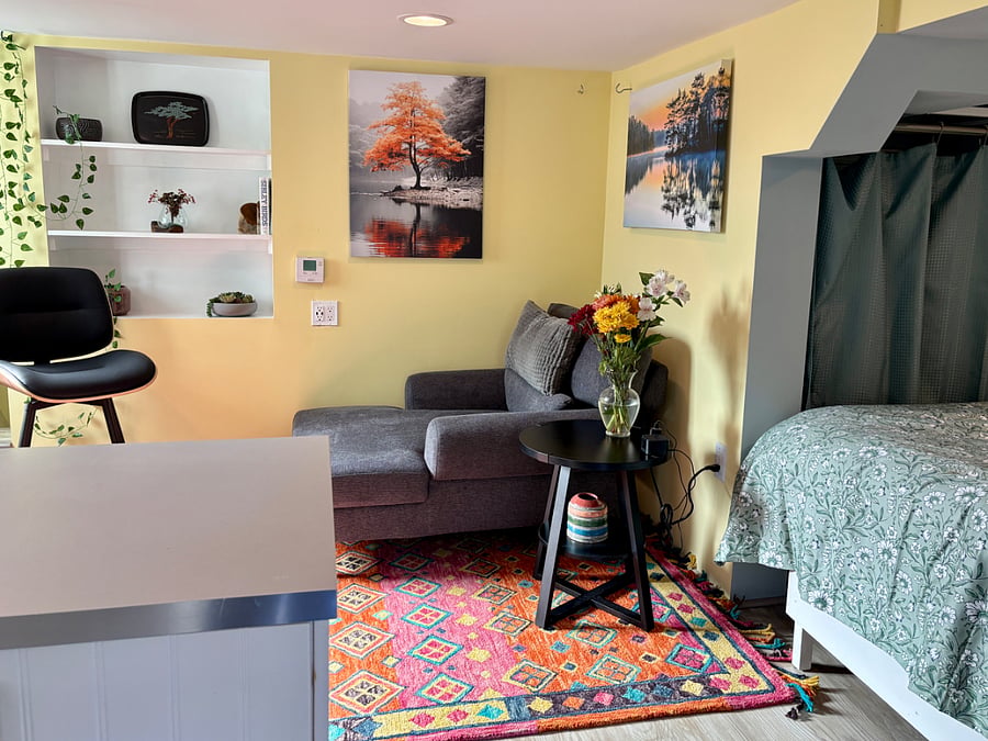 This is the living room section of the studio, where one might put their feet up for the evening, to read or watch television before retiring to bed nearby in a built in nook.