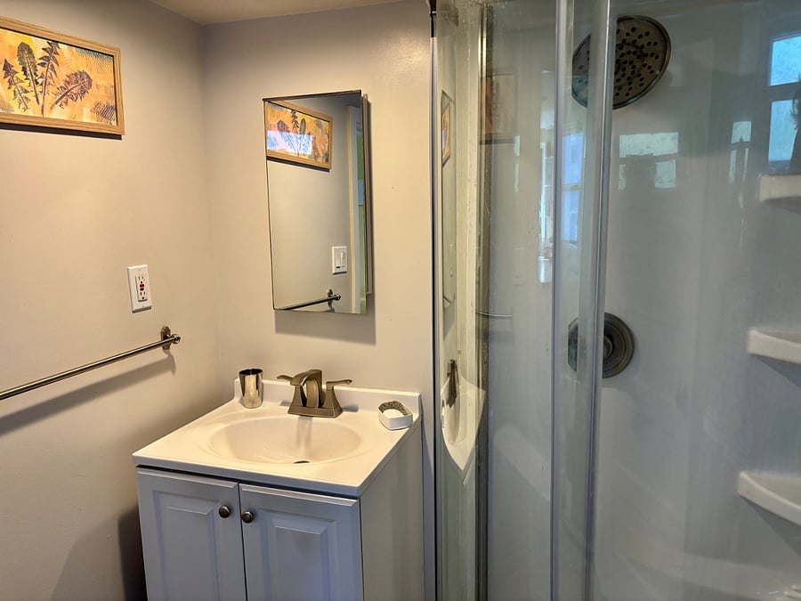 The bathroom has a glassed in circular shower. 