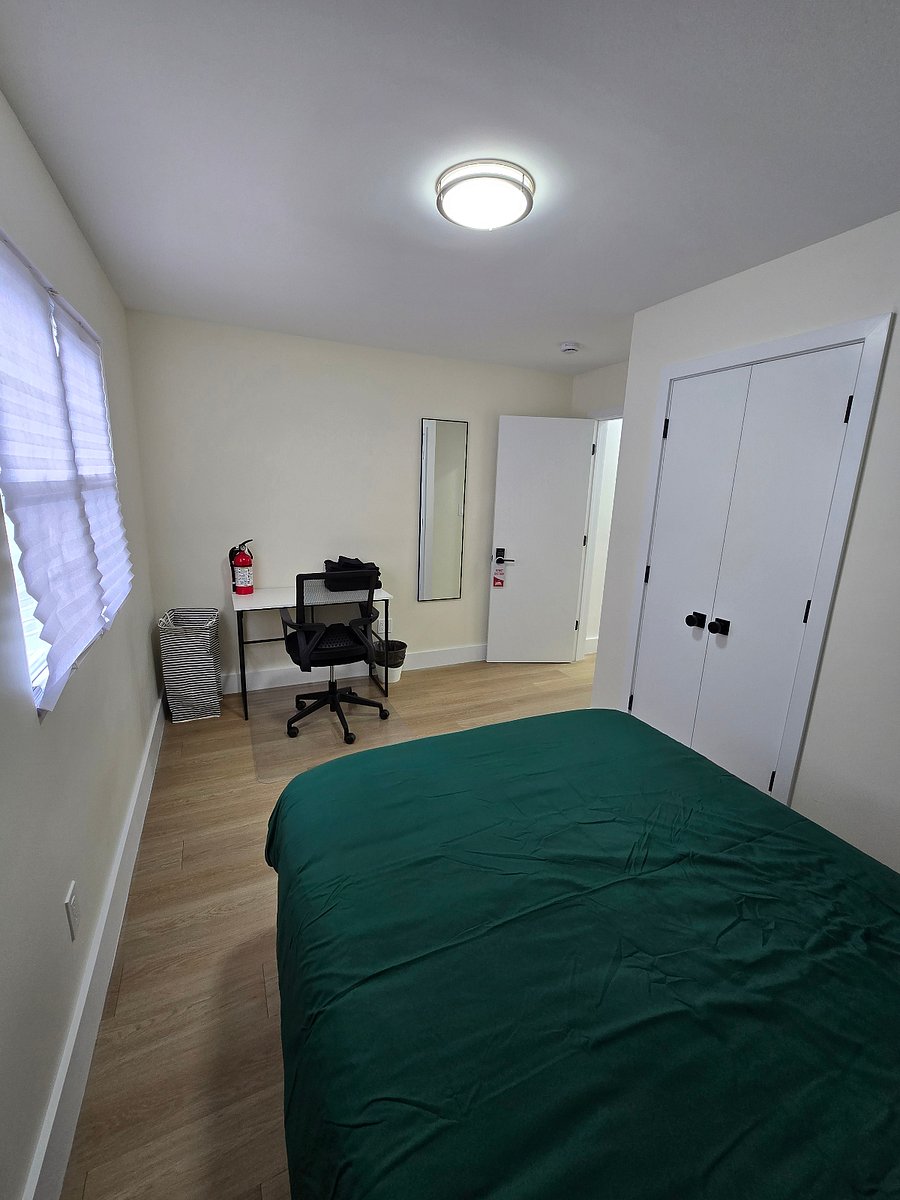 Example Bedroom. Full size Bed, Desk with Chair, Nightstand, and Full Length Mirror