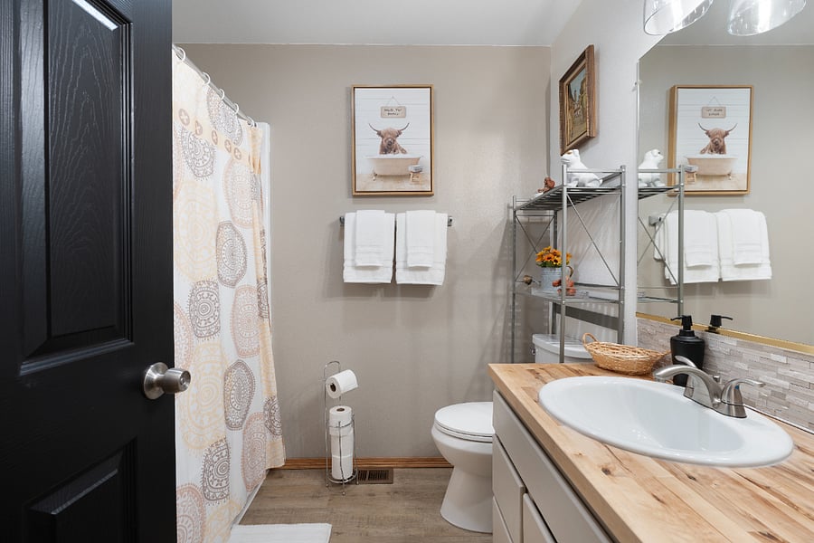 The main bath features a tub/shower with shampoo, conditioner, and body wash, along with a few bath toys (under the sink), cotton balls, cotton pads, Q-tips, and hair ties.