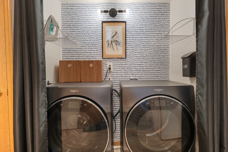 With busy lives in mind, enjoy the smart Whirlpool washer and dryer, complete with free and clear detergent pre-loaded in the washer, Spray n Wash, and dryer sheets. The iron is also provided.