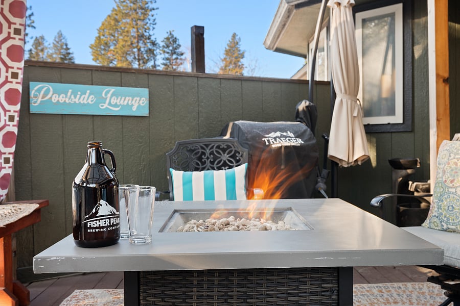 Cozy up with a blanket, close the outdoor curtains, and warm up by the fireplace.
(Alcohol for photo purposes only)