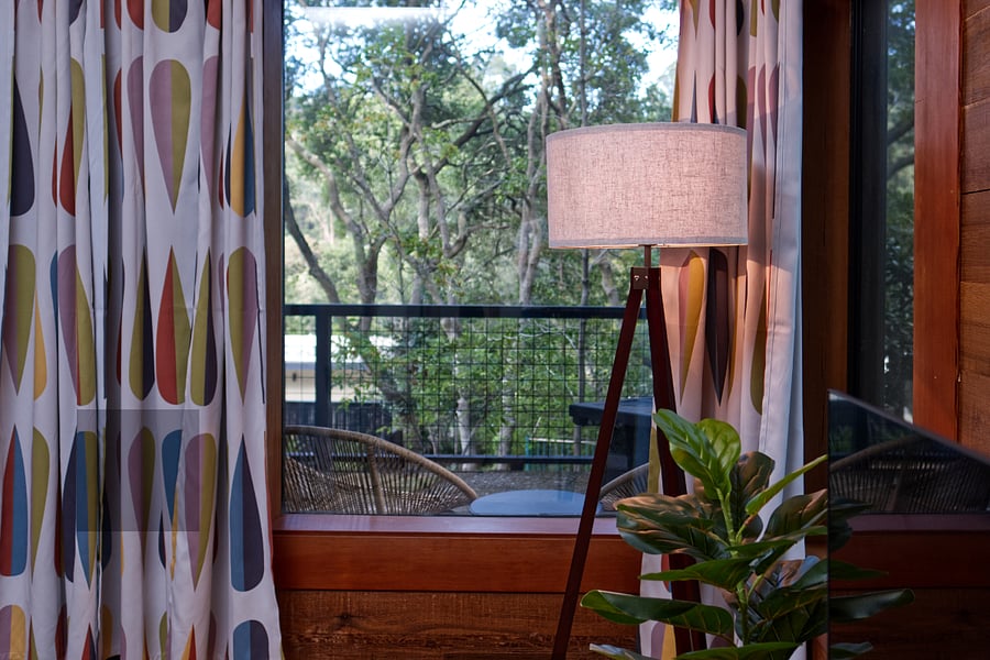 Blackout curtains provide privacy.
