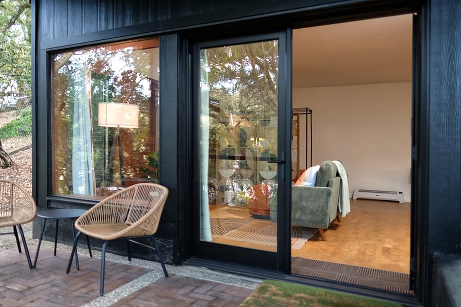 Double door has a smart lock with keyless entry.
