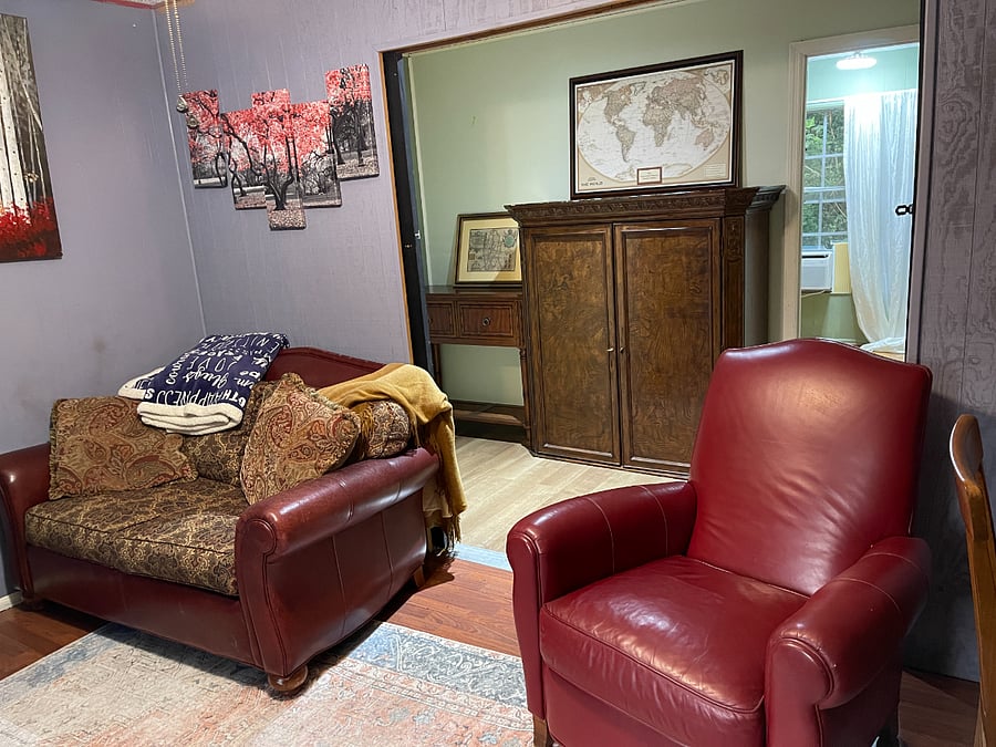 The 4th bedroom can either be configured as a bedroom with a Queen size bed. Or, can be configured as a 2nd living room/Office with a couch, armchair, ottoman & dining table. A mini fridge, microwave and single serve Keurig machine.