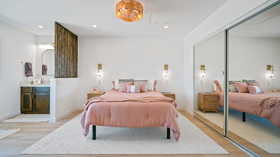open light airy primary suite with amazing views and large closet. 