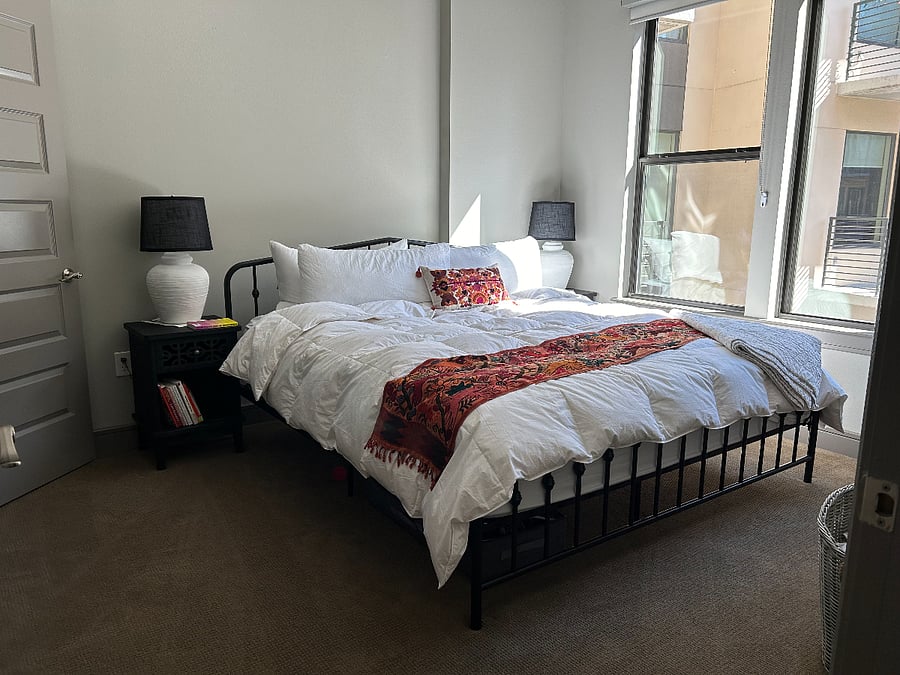 King bed with side tables, dresser, and walk in closet