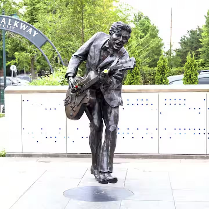 Statue of Chuck Berry, rock'n'roll icon who played across the street at Blueberry Hill for decades. Today the Loop is the heart of popular music in the region, with the Pageant a few blocks away the top rated music venue in St. Louis.