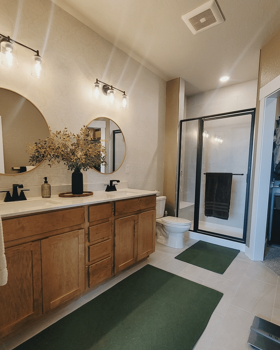 Large primary en suite bathroom with double vanity--linens provided. Ample functional storage with roll-out under-cabinet shelves. Glass door shower with bench and double-hung shower caddies. You'll feel clean and refreshed after getting ready in this primary bath oasis!