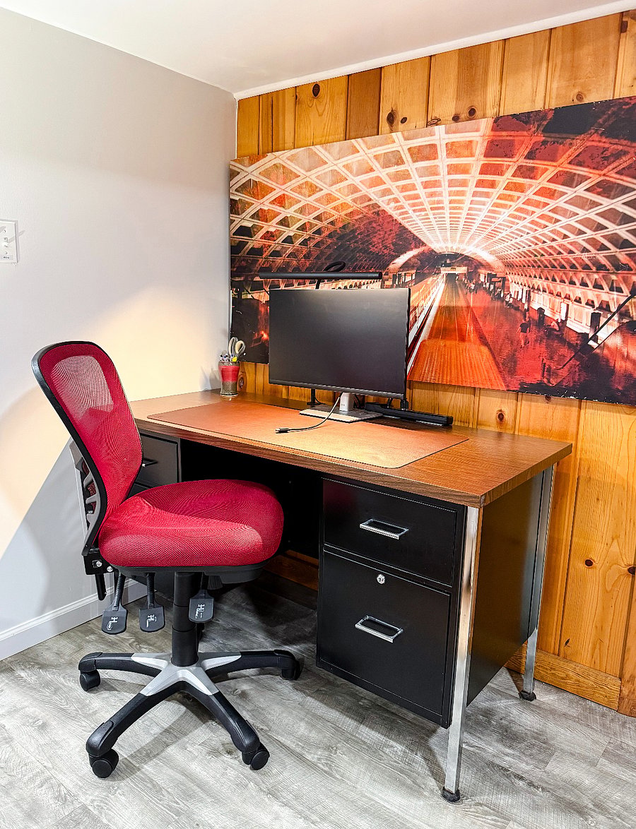 Work remote or study with high speed Wi-Fi at the desk with the high resolution monitor and table lamp.