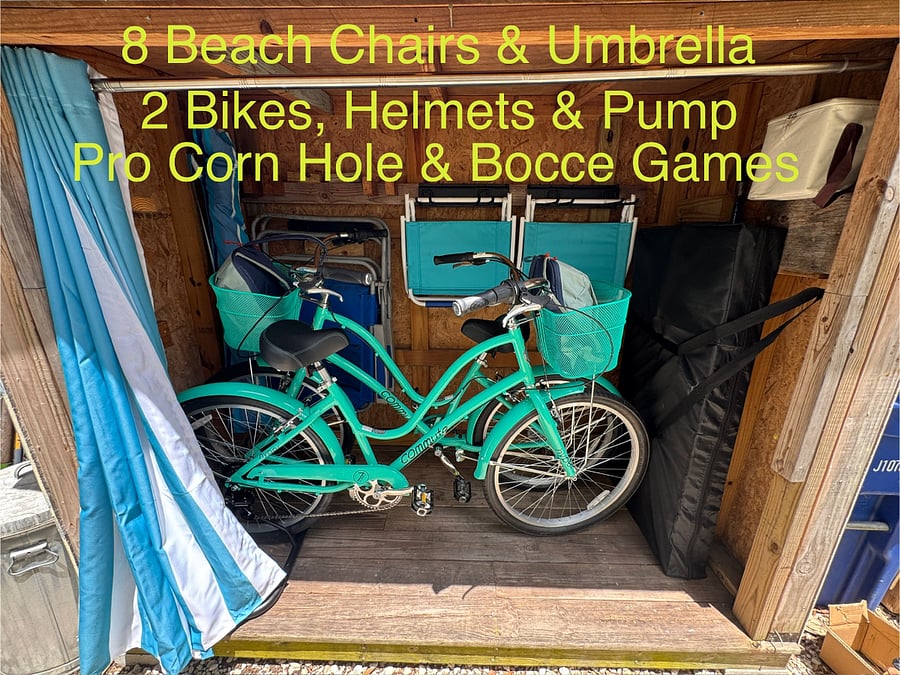 8 beach chairs, beach umbrella, and lawn games for fun in the sun.