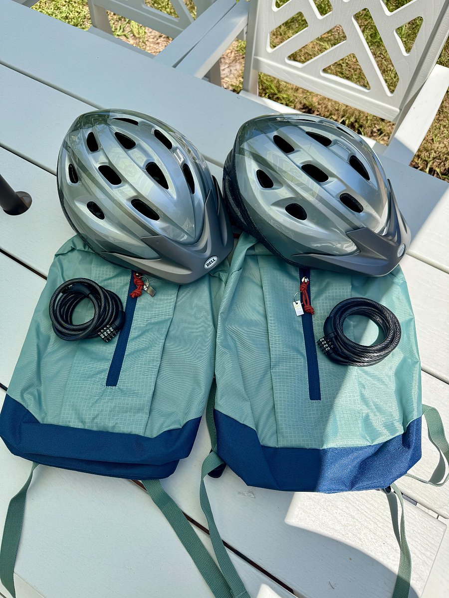 Bike helmets, locks and backpacks for safe and convenient touring.