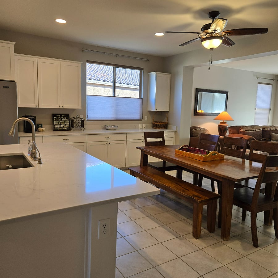 Tons of cabinets and counter space! The table seats 6-8. Seat Cushions are on order to add comfort!