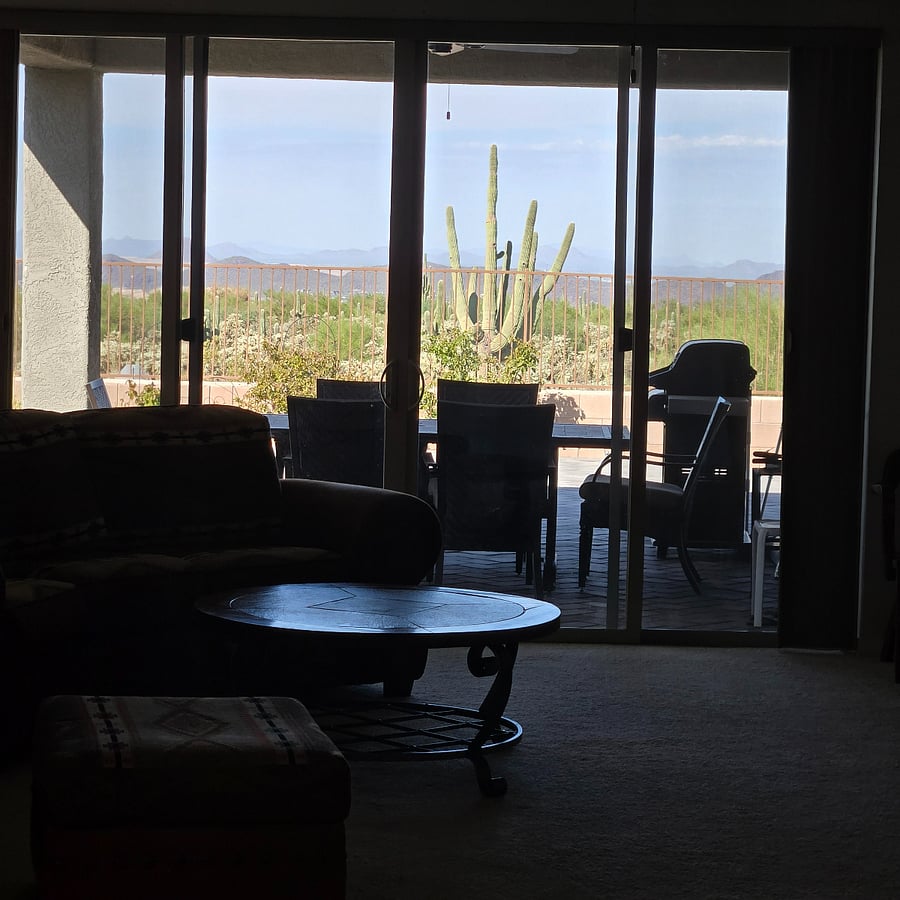 The views from the living room.... beautiful! One huge Saguaro is right at the front of the view.