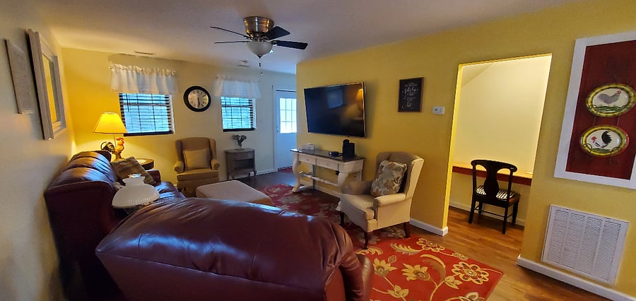 Office nook under stairs.