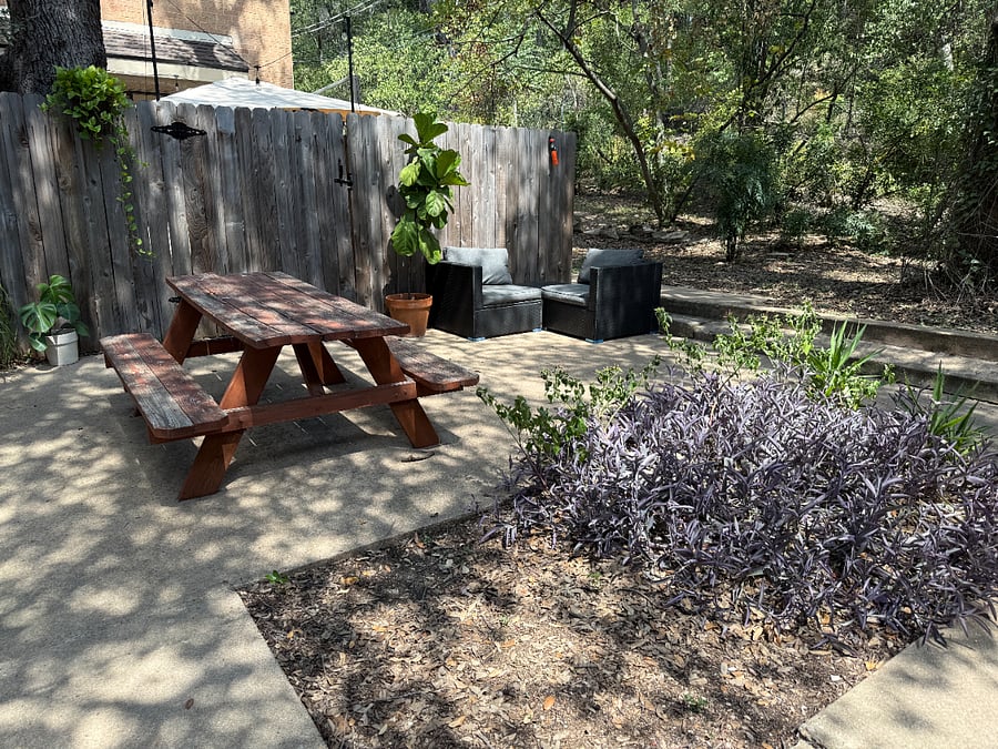 Courtyard seating area out the front door.