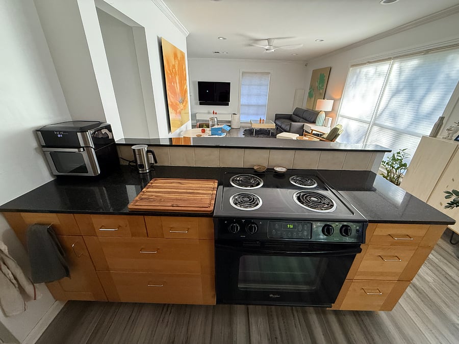 Open living/dining/kitchen space.